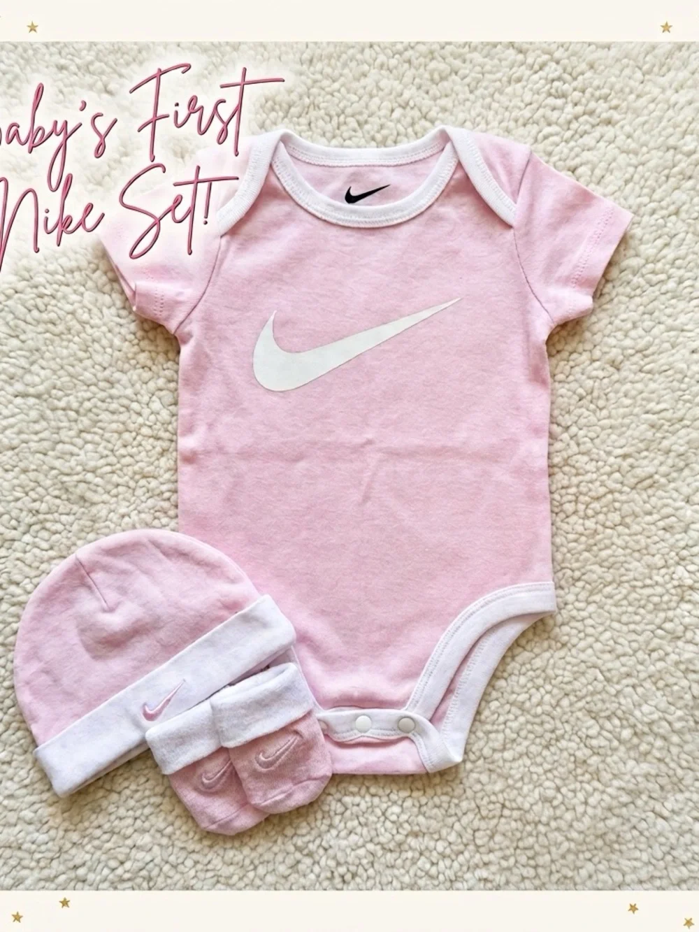 Nike Pink & White Infant Bodysuit Set with Hat and Mittens